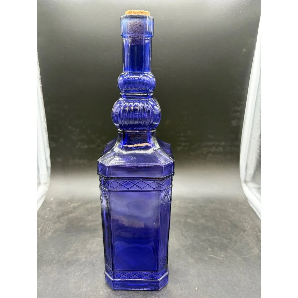 Cobalt Blue Glass Decanter Bottle Embossed Gothic Arch Square Base with Cork